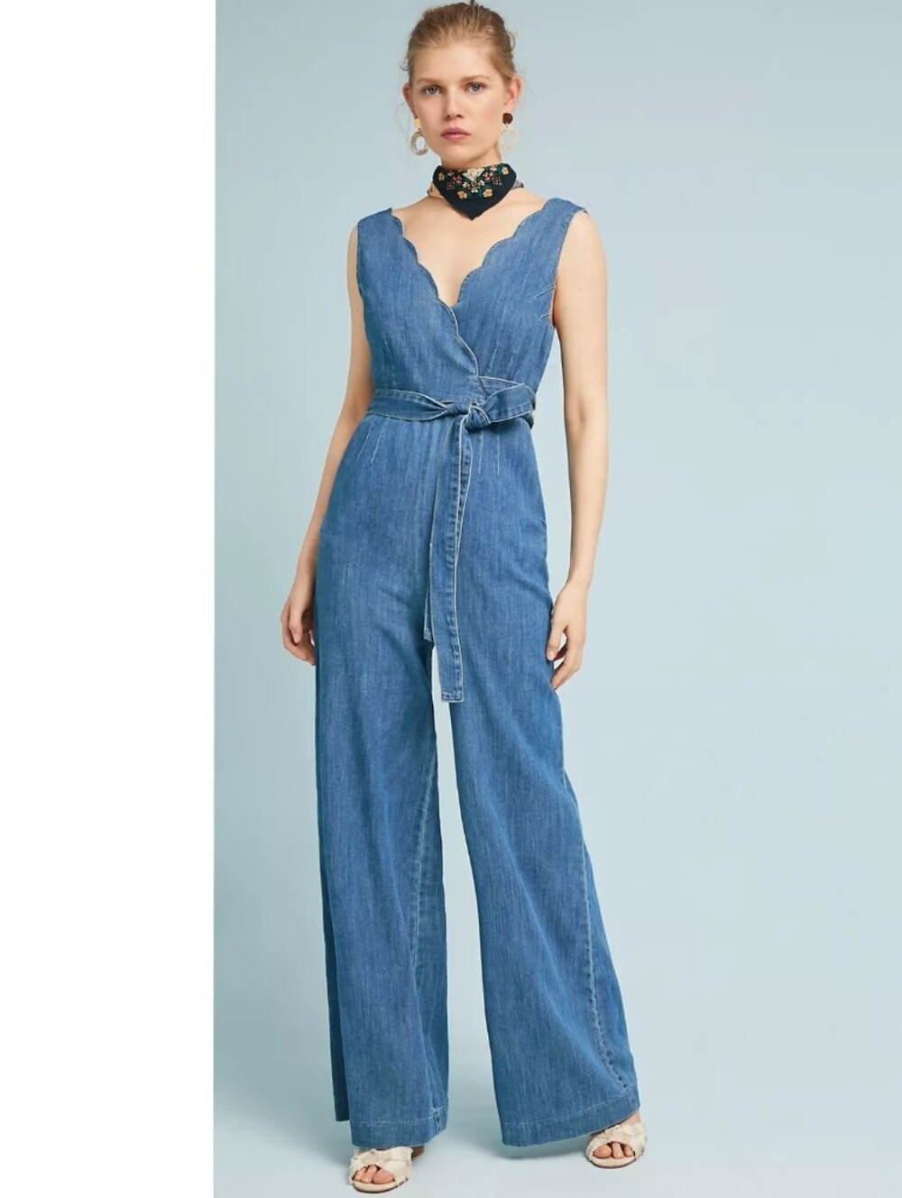 Pilcro Anthropologie Blue Denim Sleeveless Scallop Wide Leg Jumpsuit Size 6
